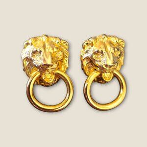 Lions Head Gold Tone Door Knocker Earrings